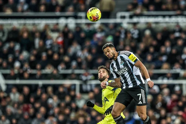 Newcastle United takımından Joelinton, Premier Lig karşılaşması sırasında St. James 's Park, Newcastle, İngiltere' de oynanan Tottenham Hotspur maçında yüksek topu kazandı. 