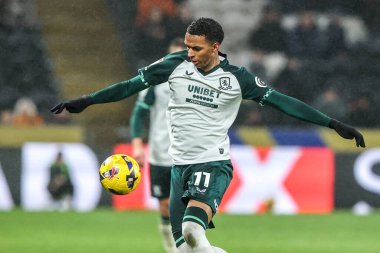 Middlesbrough 'dan Morgan Whittaker, 5 Aralık 2025' te MKM Stadyumu 'nda Hull City ile Middlesbrough arasındaki Sky Bet Şampiyonası maçında topu kontrol ediyor. 