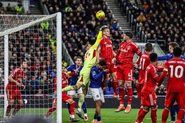 Nottingham Forest goalkeeper Matz Sels punches clear during the Premier League match Everton vs Nottingham Forest at Hill Dickinson Stadium, Liverpool, United Kingdom, 6th December 2025 