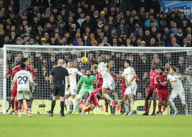 Dominic Calvert-Lewin of Leeds United heads on goal during the Premier League match Leeds United vs Liverpool at Elland Road, Leeds, United Kingdom, 6th December 2025 