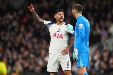 Cristian Romero of Tottenham Hotspur and Guglielmo Vicario of Tottenham Hotspur in discussion during the UEFA Champions League Matchday 6 of 8 Tottenham Hotspur vs Slavia Prague at Tottenham Hotspur Stadium, London, United Kingdom, 9th December 2025 