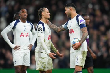 Xavi Simons of Tottenham Hotspur and Cristian Romero of Tottenham Hotspur have words over who should take penalty during the UEFA Champions League Matchday 6 of 8 Tottenham Hotspur vs Slavia Prague at Tottenham Hotspur Stadium, London, United Kingdom