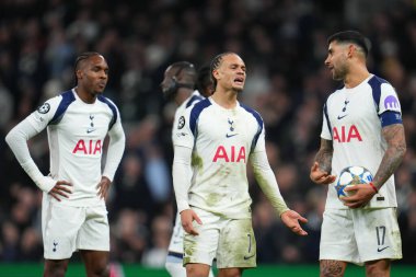 Xavi Simons of Tottenham Hotspur argues to Cristian Romero of Tottenham Hotspur about taking penalty during the UEFA Champions League Matchday 6 of 8 Tottenham Hotspur vs Slavia Prague at Tottenham Hotspur Stadium, London, United Kingdom 