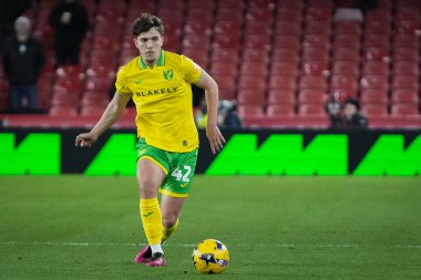Norwich City 'den Tony Springett 9 Aralık 2025' te Bramall Lane, Sheffield, İngiltere 'de Sheffield United Norwich City maçında topu sürüyor. 