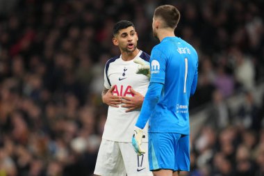Guglielmo Vicario of Tottenham Hotspur and Cristian Romero of Tottenham Hotspur during the UEFA Champions League Matchday 6 of 8 Tottenham Hotspur vs Slavia Prague at Tottenham Hotspur Stadium, London, United Kingdom, 9th December 2025 