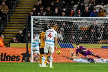 Kieffer Moore of Wrexham has his penalty saved by Hull City goalkeeper Ivor Pandur during the Sky Bet Championship match Hull City vs Wrexham at MKM Stadium, Hull, United Kingdom, 10th December 2025