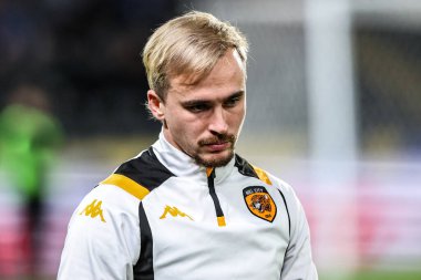 Hull City 'den Liam Millar, 10 Aralık 2025' te İngiltere 'nin Hull Stadyumu' ndaki Hull City vs Wrexham maçında oynanan maç öncesi ısınma maçında...