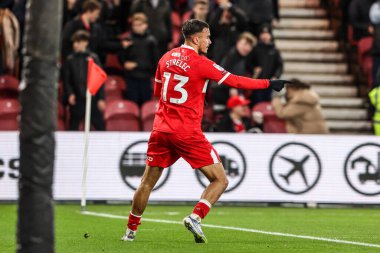 Middlesbrough 'dan David Strelec, 13 Aralık 2025' te İngiltere 'nin Riverside Stadyumu' nda oynanan Middlesbrough-Queens Park Rangers maçında 1-0 kazanma hedefini kutluyor.