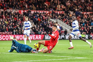 Queens Park Rangers goalkeeper Paul Nardi blocks a shot from David Strelec of Middlesbrough during the Sky Bet Championship match Middlesbrough vs Queens Park Rangers at Riverside Stadium, Middlesbrough, United Kingdom, 13th December 2025
