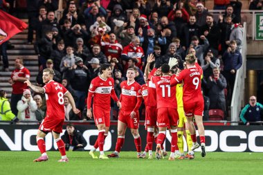 Middlesbrough 'dan Morgan Whittaker, 13 Aralık 2025' te Middlesbrough, İngiltere 'deki Riverside Stadyumu' nda oynanan Middlesbrough-Queens Park Rangers maçında 2-0 kazanma hedefini kutluyor.