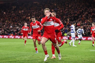 Middlesbrough 'dan Tommy Conway, Middlesbrough, Birleşik Krallık' taki Riverside Stadyumu 'nda oynanan Middlesbrough-Queens Park Rangers maçında 3-0' lık galibiyet golünü kutluyor.