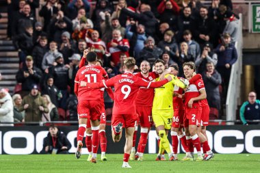 Middlesbrough 'dan Morgan Whittaker, 13 Aralık 2025' te Middlesbrough, İngiltere 'deki Riverside Stadyumu' nda oynanan Middlesbrough-Queens Park Rangers maçında 2-0 kazanma hedefini kutluyor.