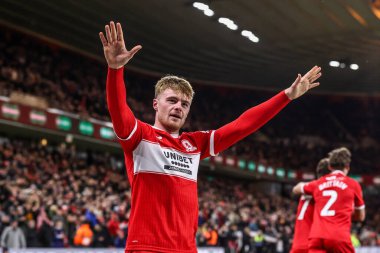 Middlesbrough 'dan Tommy Conway, Middlesbrough, Birleşik Krallık' taki Riverside Stadyumu 'nda oynanan Middlesbrough-Queens Park Rangers maçında 3-0' lık galibiyet golünü kutluyor.