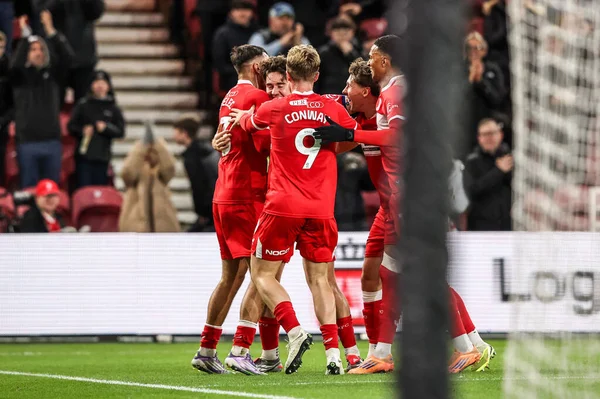 Middlesbrough 'dan David Strelec, 13 Aralık 2025' te İngiltere 'nin Riverside Stadyumu' nda oynanan Middlesbrough-Queens Park Rangers maçında 1-0 kazanma hedefini kutluyor.