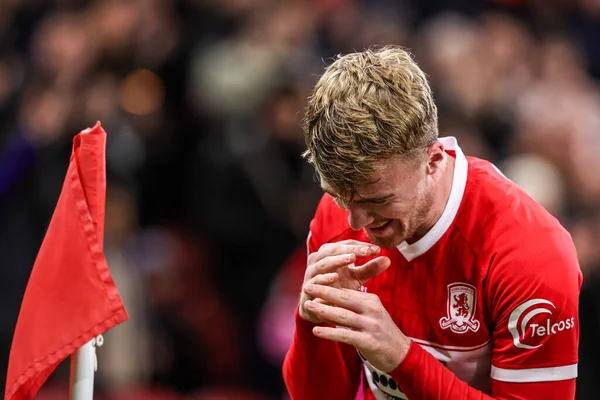 Middlesbrough 'dan Tommy Conway, Middlesbrough, Birleşik Krallık' taki Riverside Stadyumu 'nda oynanan Middlesbrough-Queens Park Rangers maçında 3-0' lık galibiyet golünü kutluyor.