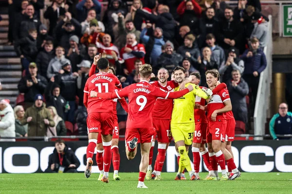 Middlesbrough 'dan Morgan Whittaker, 13 Aralık 2025' te Middlesbrough, İngiltere 'deki Riverside Stadyumu' nda oynanan Middlesbrough-Queens Park Rangers maçında 2-0 kazanma hedefini kutluyor.
