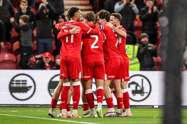 Middlesbrough 'dan David Strelec, 13 Aralık 2025' te İngiltere 'nin Riverside Stadyumu' nda oynanan Middlesbrough-Queens Park Rangers maçında 1-0 kazanma hedefini kutluyor.