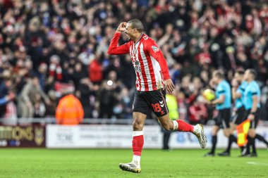 Wilson Isidor of Sunderland celebrates the win during the Premier League match Sunderland vs Newcastle United at Stadium Of Light, Sunderland, United Kingdom, 14th December 2025
