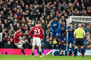 Bruno Fernandes of Manchester Untied scores from a free kick to make the score 3-3 during the Premier League match Manchester United vs Bournemouth at Old Trafford, Manchester, United Kingdom, 15th December 2025