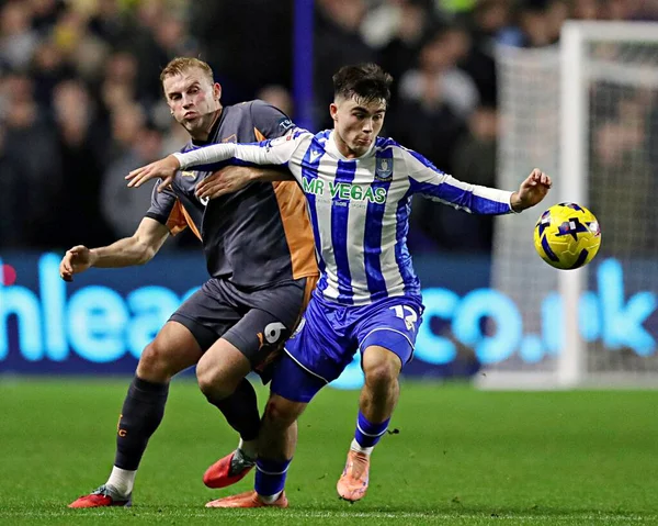 Derby County 'den Joe Ward, Sheffield' li Harry Amass 'a 15 Aralık 2025' te Sheffield Wednesday - Derby County maçında baskı yapıyor.