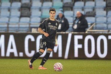 Alvaro Lezcano of Real Madrid in action during the Premier League International Cup match Manchester City vs Real Madrid at Joie Stadium, Manchester, United Kingdom, 16th December 2025