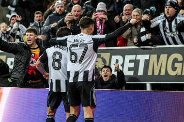 Lewis Miley of Newcastle United celebrates his goal to make it 2-1 during the Carabao Cup Quarter Final match Newcastle United vs Fulham at St. James's Park, Newcastle, United Kingdom, 17th December 2025