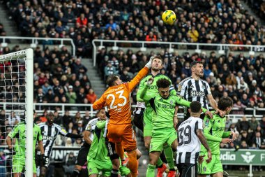 Fulham goalkeeper Benjamin Lecomte punches the ball clear during the Carabao Cup Quarter Final match Newcastle United vs Fulham at St. James's Park, Newcastle, United Kingdom, 17th December 2025