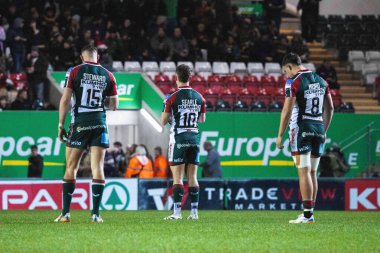 Leicester Tigers 'dan Freddie Steward, Leicester Tigers' dan Billy Searle ve Leicester Tigers 'dan Joaquin Moro Gallagher Premiership maçında Leicester Tigers Gloucester Rugby' ye karşı Mattioli Woods Road Stadyumu, Leicester, Birleşik Krallık