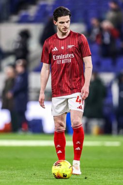 Arsenal 'den Declan Rice Premier League maçı sırasında İngiltere' nin Liverpool kentinde oynanan Everton-Arsenal maçında ısınma turunda...