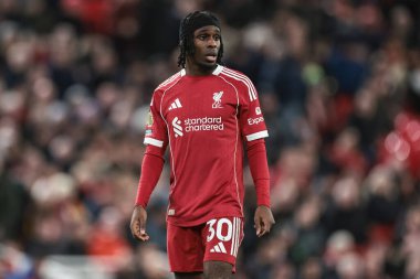 Liverpool 'dan Jeremie Frimpong Premier League maçı sırasında Liverpool, Liverhampton Wanderers' a karşı Anfield, Liverpool, Birleşik Krallık 'ta 27 Aralık 2025