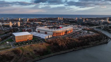 Premier Lig karşılaşması öncesinde Sunderland, Manchester City 'ye karşı 1 Ocak 2026' da Sunderland, İngiltere 'deki Sunderland stadyumunun hava görüntüsü.