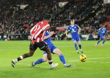Andre Brooks of Sheffield United crosses the ball during the Sky Bet Championship match Sheffield United vs Leicester City at Bramall Lane, Sheffield, United Kingdom, 1st January 2026
