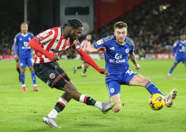 Luke Thomas of Leicester City blocks cross from Femi Seriki of Sheffield United during the Sky Bet Championship match Sheffield United vs Leicester City at Bramall Lane, Sheffield, United Kingdom, 1st January 2026