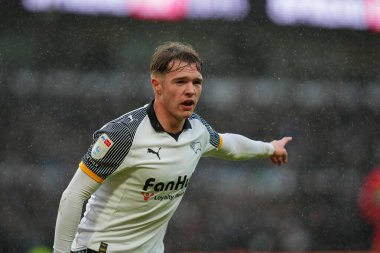 Liam Thompson of Derby County gestures to a team mate during the Sky Bet Championship match Derby County vs Middlesbrough at Pride Park Stadium, Derby, United Kingdom, 1st January 2026