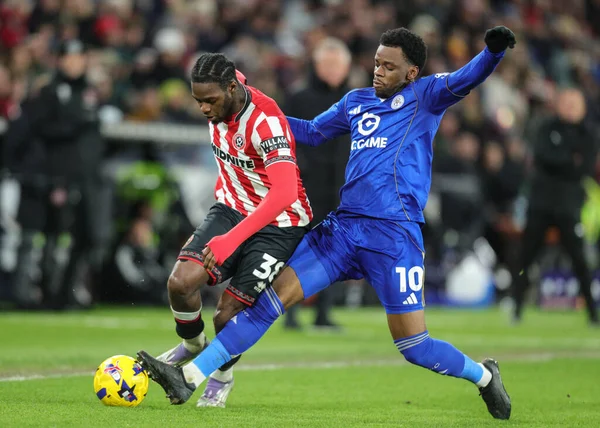 Femi Seriki of Sheffield United is tackled by Stephy Mavididi of Leicester City during the Sky Bet Championship match Sheffield United vs Leicester City at Bramall Lane, Sheffield, United Kingdom, 1st January 2026