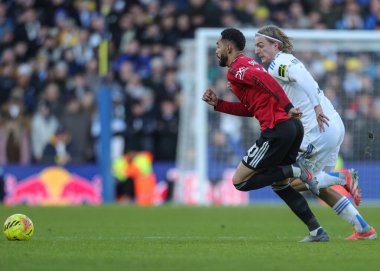 Manchester United takımından Matheus Cunha, İngiltere 'nin Leeds Road kentinde oynanan Premier League maçında Leeds United ile Manchester United maçında maç yaptı.