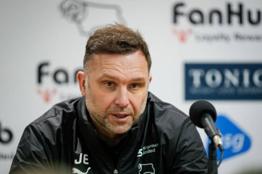 John Eustace manager of Derby County during the manager post match press conference during the Sky Bet Championship match Derby County vs Wrexham at Pride Park Stadium, Derby, United Kingdom, 4th January 2026