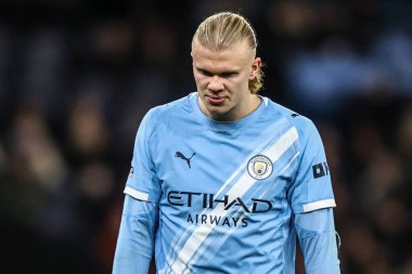 Manchester City 'den Erling Haland Premier League maçı sırasında Manchester City, Etihad Stadyumu' nda Brighton ve Hove Albion 'a karşı, 7 Ocak 2026