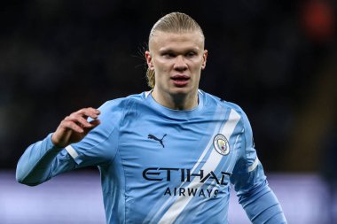 Manchester City 'den Erling Haland Premier League maçı sırasında Manchester City, Etihad Stadyumu' nda Brighton ve Hove Albion 'a karşı, 7 Ocak 2026