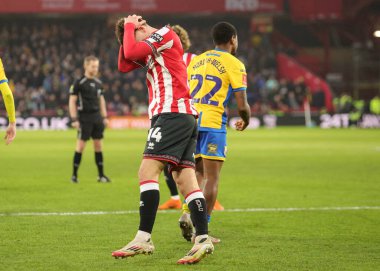 Harrison Burrows of Sheffield United reacts to missed chance during the Emirates FA Cup Third Round match Sheffield United vs Mansfield Town at Bramall Lane, Sheffield, United Kingdom, 11th January