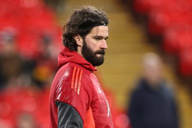 Liverpool kalecisi Alisson Becker, 12 Ocak 2026 tarihinde Liverpool, Liverpool, İngiltere 'de oynanan Liverpool-Barnsley karşılaşmasında oynanan Emirates FA Cup üçüncü tur karşılaşmasında maç öncesi ısınma oturumunda