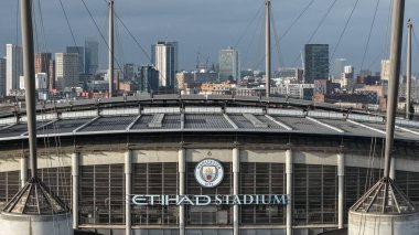 Etihad Stadyumu 'nun Premier Lig maçı sırasında Etihad Stadyumu' nun 24 Ocak 2026 tarihinde Etihad, Manchester 'da Wolverhampton Wanderers' a karşı oynanan hava görüntüsü.