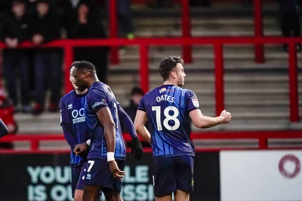 Mansfield Town 'dan Lucas Akins, 24 Ocak 2026' da Lamex Stevenage, İngiltere 'de oynanan Sky Bet Lig 1 maçı Stevenage-Mansfield Town maçında 0-1 kazanma hedefini kutluyor.