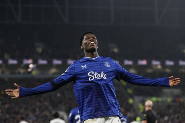 Everton 'dan Thierno Barry, Premier League maçı Everton - Leeds United maçında 26 Ocak 2026' da Liverpool, Liverpool 'daki Hill Dickinson Stadyumu' nda 1-1 'lik galibiyetini kutluyor.