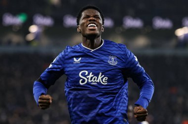 Everton 'dan Thierno Barry, Premier League maçı Everton - Leeds United maçında 26 Ocak 2026' da Liverpool, Liverpool 'daki Hill Dickinson Stadyumu' nda 1-1 'lik galibiyetini kutluyor.