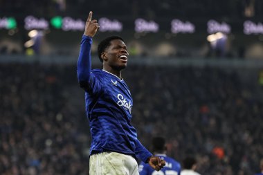 Everton 'dan Thierno Barry, Premier League maçı Everton - Leeds United maçında 26 Ocak 2026' da Liverpool, Liverpool 'daki Hill Dickinson Stadyumu' nda 1-1 'lik galibiyetini kutluyor.