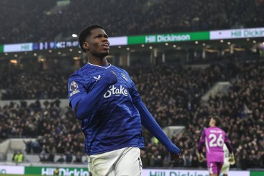Everton 'dan Thierno Barry, Premier League maçı Everton - Leeds United maçında 26 Ocak 2026' da Liverpool, Liverpool 'daki Hill Dickinson Stadyumu' nda 1-1 'lik galibiyetini kutluyor.