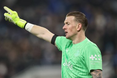 Everton kalecisi Jordan Pickford, Premier League maçında takımına talimatlar veriyor. Everton, Liverpool Stadyumu 'nda Everton, Leeds United' a karşı.