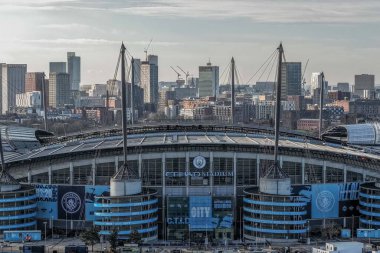 Manchester City, Manchester Stadyumu 'nda 28 Ocak 2026' da Manchester City - Galatasaray maçında Manchester Şampiyonlar Ligi Maçı sırasında Manchester City 'nin hava görüntüsü.