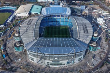 Manchester City, Manchester Stadyumu 'nda 28 Ocak 2026' da Manchester City - Galatasaray maçı sırasında Manchester City 'nin oynadığı Manchester Stadyumu' nun hava görüntüsü